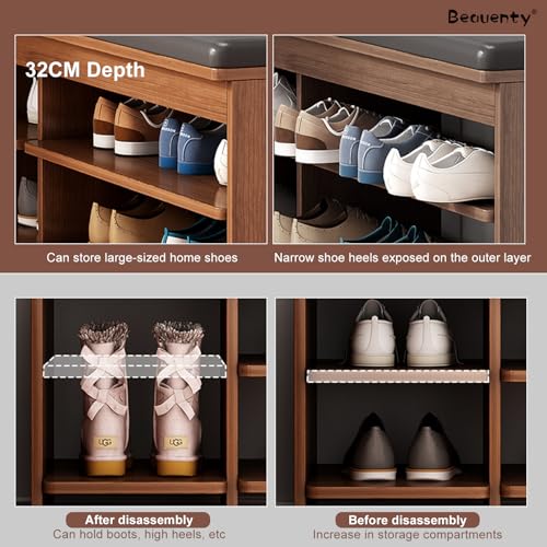 Beauenty Shoe Bench, 80/100/120cm Wooden Shoe Rack with Bench Pu Leather Cushion, Detachable Shoe Changing Bench for Entryway, Hallway, Living Room (120cm A+B)