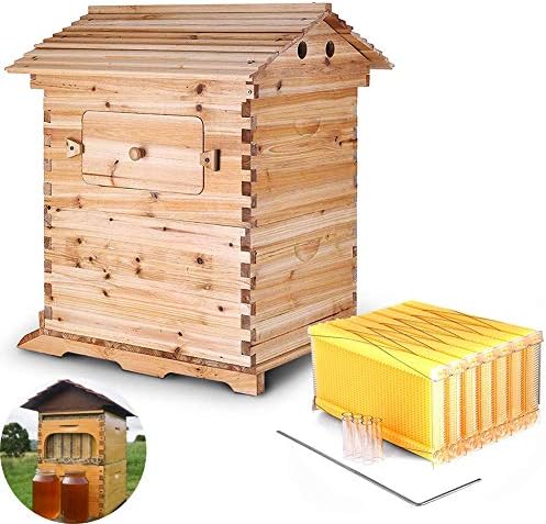 AMhuui Honey Keeper Beehive,Automatic Honey Hive Bee Frames Wooden House with 7Pcs Auto Flow Honey Hive for Beginners People Who Love Honey