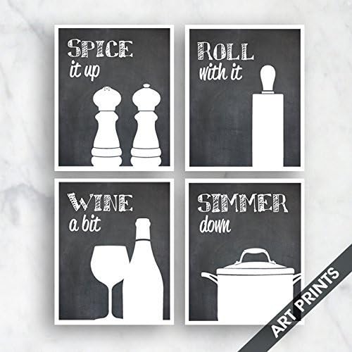 Funny Kitchen Art Print Set (Salt Pepper, Rolling Pin, Wine, Simmer Pot) Set of 4 - 5x7 inch Unframed Art Prints (Featured on Blackboard) Kitchen Art- Larger sizes available by choosing drop down menu