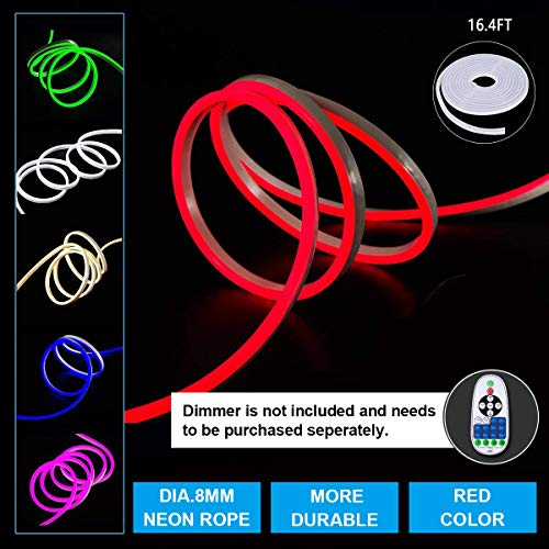 Shine Decor 8x16mm LED Mini Neon Lights, 110V Dimmable Flexible Waterproof Rope Lights, 2835 120LEDs/M, for Indoor Outdoor Ambient Commercial Lighting Decoration, Accessories Included, 16.4ft Red