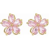 Crystal Pink Flower Stud Earrings for Women Gold/Silver Plated Cute Sparkly Cz Cubic Zirconia Floral Small Studs Wedding Party Prom Costume Hypoallergenic Fashion Jewelry for Her