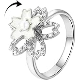 Dainty Snowflake Spinner Fidget Open Ring for Women Cubic Zirconia Crystal Flower Anxiety Rotate Stress Relief Finger Wedding Band Adjustable Stacking Ring Delicate Rotating Jewelry Girlfriend