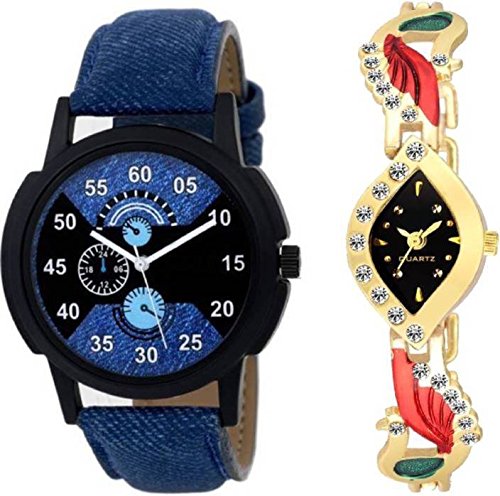 SWADESI STUFF Blue Leather Strap and Kundan Golden Analogue Multicolour Dial Men and Women Watch Combo