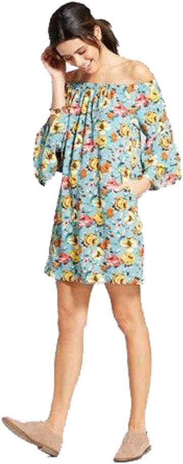 Xhilaration Women's Floral Print Off The Shoulder Bell Sleeve Dress (Teal, L)