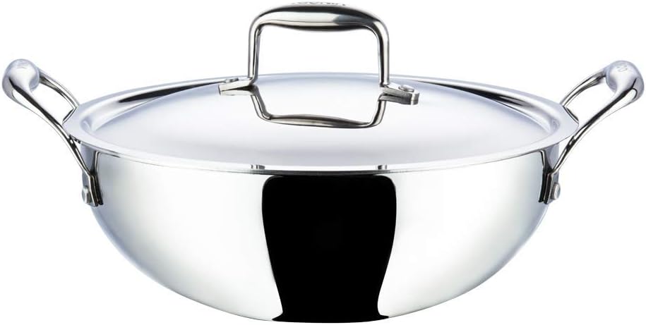 Vinod Cookware 3.3 Litre Induction Friendly Platinum Food Grade 18/8 Stainless Steel Triple Layered (TRI PLY) Deep Kadai with Stainless Steel Lid (24cm, 3.3 Litre)