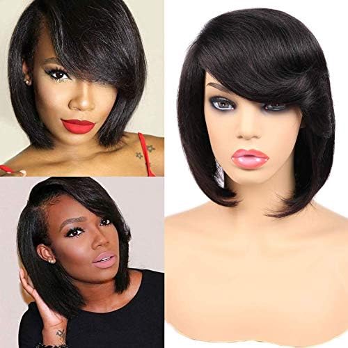 HANNE Human Hair Lace Parting Wig With Bangs Virgin Brazilian Human Hair Bob Wigs For Women Daily Wear(Natural Color)