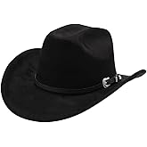 Western Cowboy Hat for Men Cowgirl Hat for Women Unisex Wide Brim Felt Fedora Hats Classic Flat Top Hats with Buckle Belt