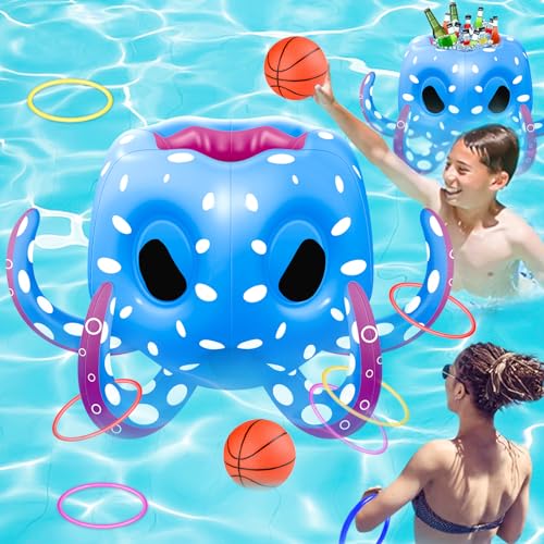 Octopus Pool Toys for Kids Ages 4-8, 2-in-1 Inflatable Float Water Games Toys with Basketball Hoop & Ring Toss, Outdoor Backyard Beach Swim Play, Cool Summer Family Party Supplies Gift Boys Girls