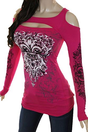 Bling Rhinestone Fleur De Lis Cold Shoulder Peekaboo Long Sleeve New Top (Medium, Pink)