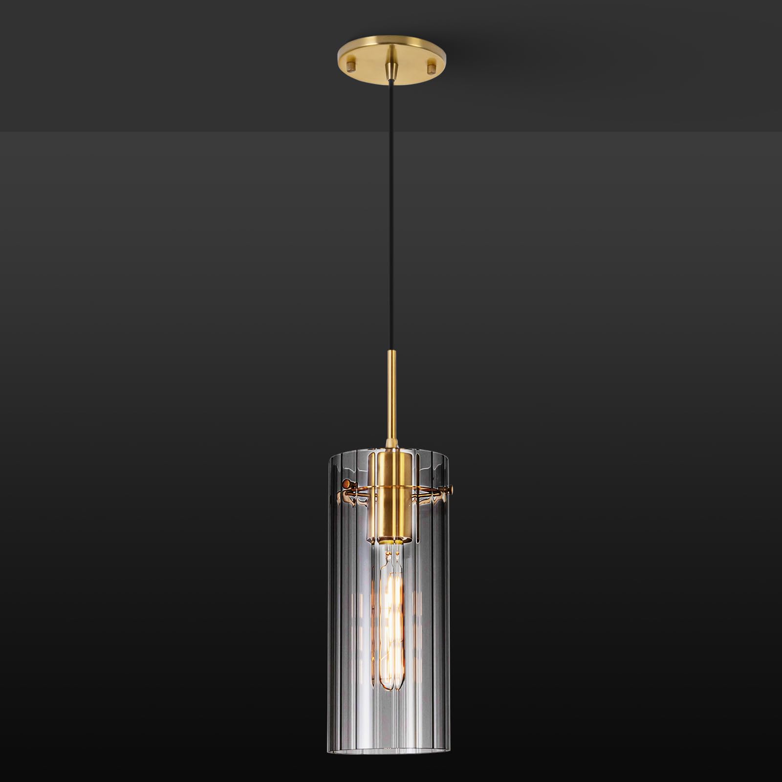 Photo 1 of FEAZAC Gold Pendant Light Fixtures, Modern Pendant Lighting with Clear Striped Glass Shade, 1 Light Pendant Lights Kitchen Island, Farmhouse Pendant Lighting for Dining Room