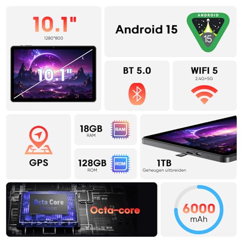 Raemond Android 15 10.1 Inch Tablet with Keyboard, Octa-Core T30, 18GB RAM, 128GB Memory up to 1TB TF, IPS Display 1280×800, WiFi 2.4G/5G, BT 5.2, GPS, Face ID, USB-C, 6000mAh Battery, Black
