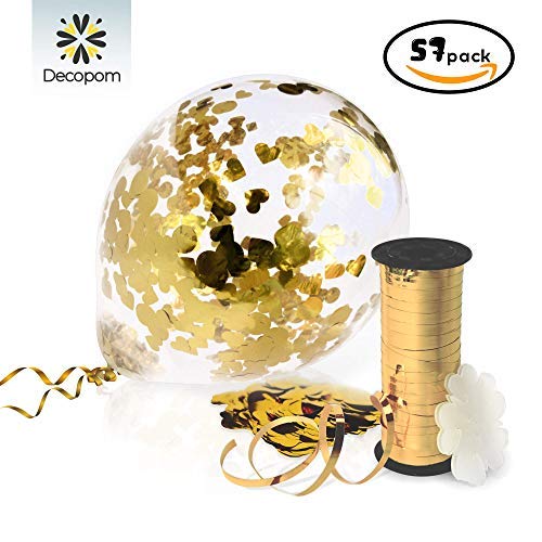 Decopom Gold Confetti Balloons Curling Ribbon - Roll & Flower Clips 57 Pack | Premium 12 Inch Latex Party Balloons - Filled Round Golden Mylar Foil Dot Confetti Birthday, Wedding, Proposal