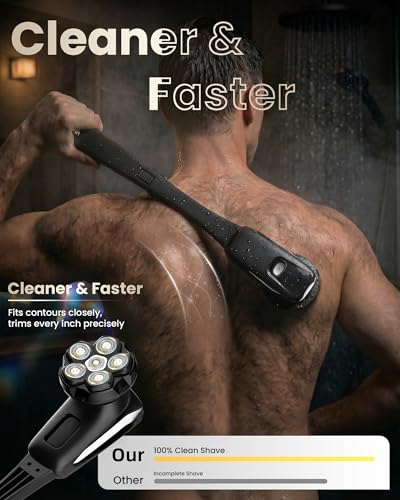 VIKICON Men's Back Razor: 2-in-1 Electric Body Razor with 6D Shaving Head, Folding Handle for Back Shaving, Waterproof Bodygroom for Body, Face, Head - Care Set for Men, Silver