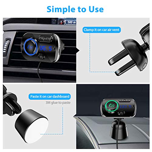 Tecboss Bluetooth FM Transmitter for Car, Upgraded Bluetooth 5.0 Wireless Car Radio Adapter with QC3.0 &5V/2.4A Fast Charging, Hands Free Car Kit, Music Streaming, Connects 2 Phones Simultaneously - Thumbnail 5