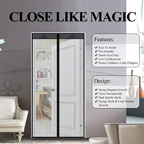 Veidoo Magnetic Screen Door, Self Sealing, Hands Free, Heavy Duty Mesh Curtain with Hook & Loop Fastener to the Door Frame Fits Door Size Up to 34 x 82 inch Max, protect your home against Bug Mosquito