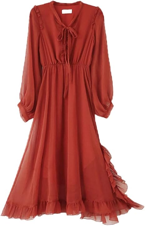 Amazon Co Jp レディース マキシワンピース デイリーカジュアルランタンスカートシフォンドレスフレンチレトロスカート七分袖妖精のドレス 女性らし雰囲気が完成します 色 赤 Size S ホーム キッチン