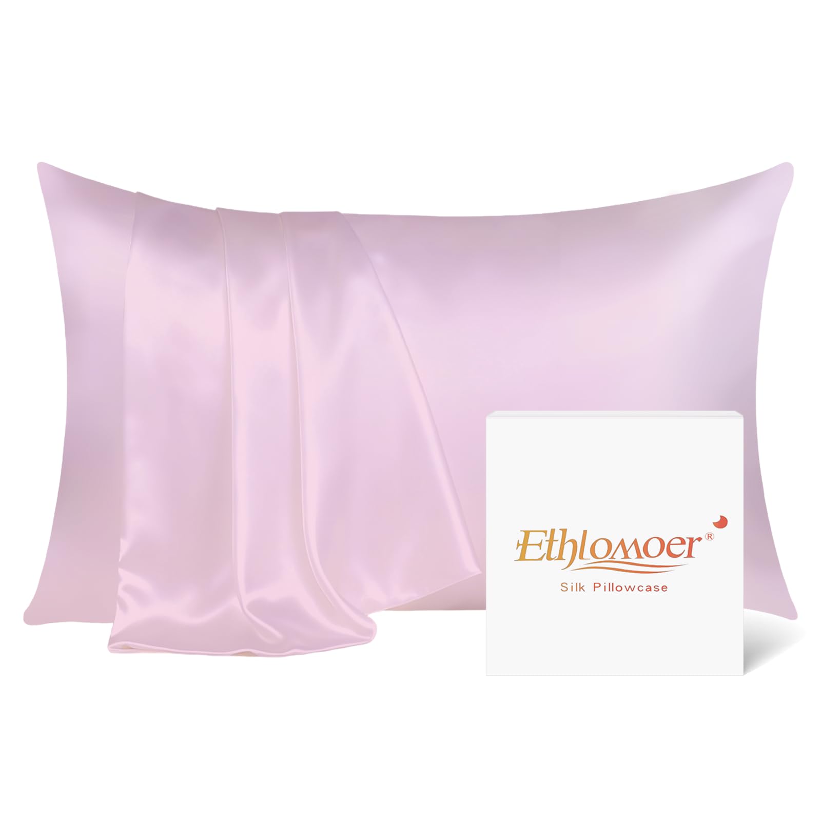 Ethlomoer Natural Pure Silk Pillowcase for Hair and Skin, Both Side 19mm, Hypoallergenic, 600 Thread Count, Smooth Silk Pillow case with Hidden Zipper, Gifts for Women Men, 50x75 cm (Pink)