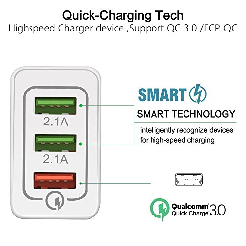 Quick Charge 3.0, Lightning Cable, Fast Wall Charger, 3 Ports Tablet iPad iPhone Charger Adapter Qualcomm Quick Charge 3.0 Plug Compatible iPhone X/8/8Plus/7Plus/7/6s/6s Plus/6/6 Plus/SE/iPad