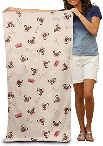 Natural Color Cute Pug Dog Face Bone Paw Print Beach Towel