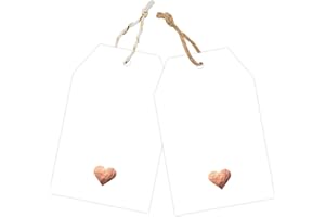 joycraft Gift Tags with String, 100pcs White Paper Tags with Rose Gold Heart, 3x2 Inch Gift Wrapping Tag, Rectangular Blank T