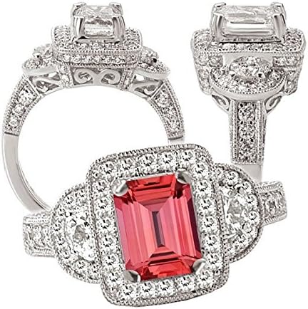 18k Elite Collection Chatham 7x5mm emerald cut padparadscha orange sapphire engagement ring with diamond halo