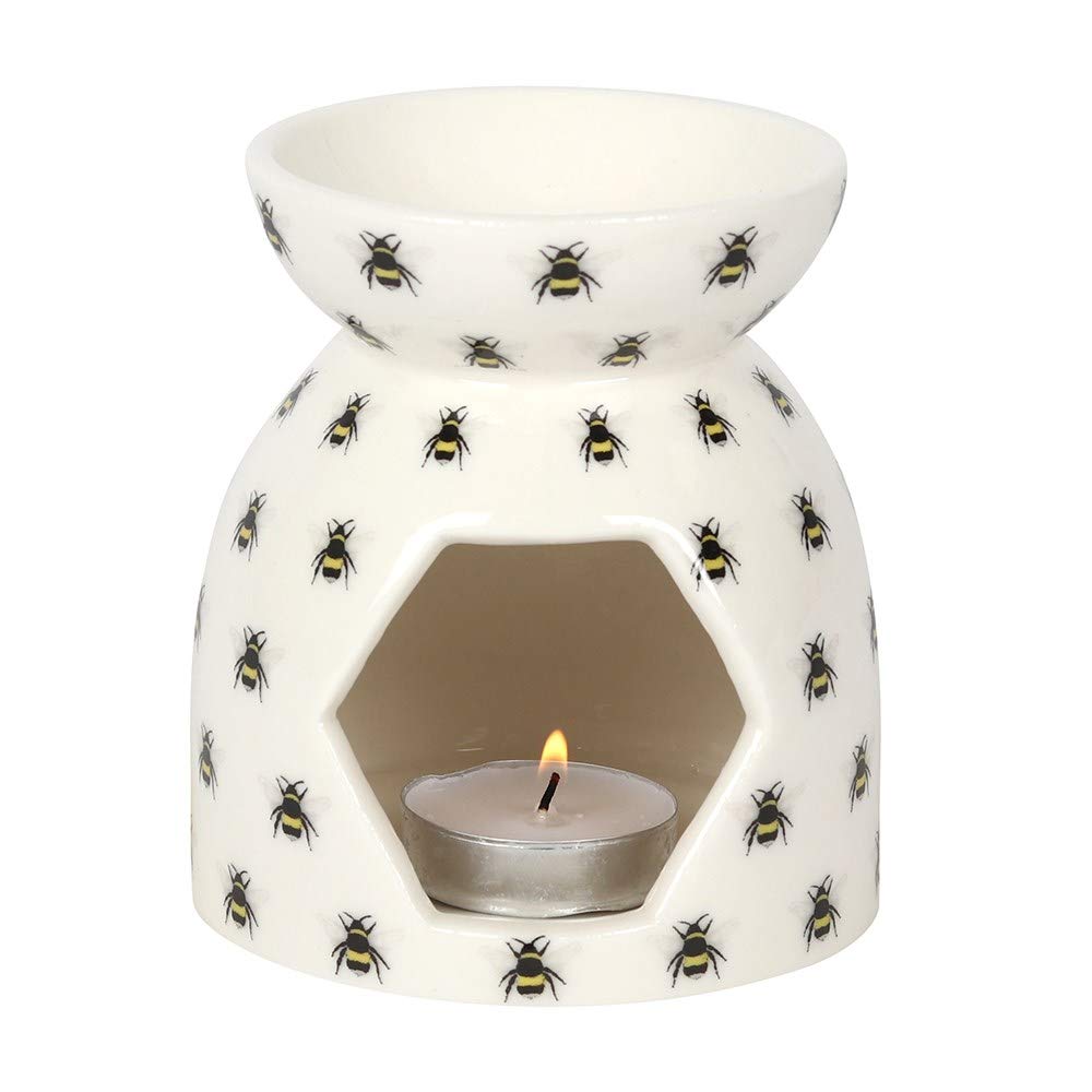 Cheerful All-Over Bee Print White Oil Burner - 14cm x 13.2cm (1 Pc.) - Simple and Stylish Ceramic Design, Ideal for Fragrancing Your Home with Diluted Oils or Wax Melts