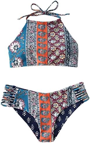 High Waisted Waist Rise 2 Piece Thong Boho Push up Floral Print Summer Swimsuits Bikini Top Bottoms Set Cotton for Women Multi Medium