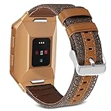 SKYLET Bands for Fitbit Ionic, Canvas Fabric with Genuine Leather Straps with Metal Clasp for Fitbit Ionic Smart Watch (Smart Watch Not Included)[Brown with Burnt Orange Connector]