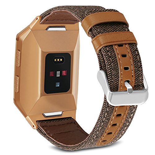 SKYLET Bands for Fitbit Ionic, Canvas Fabric with Genuine Leather Straps with Metal Clasp for Fitbit Ionic Smart Watch (Smart Watch Not Included)[Brown with Burnt Orange Connector]