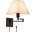 PFQCGU Swinging arm Wall lamp, Fabric lampshade, with Plug and dimming Rotary Switch, USB and Type-C Charging Port, Suitable for Bedside, Living Room, Hotel and Bedroom Wall Lamps