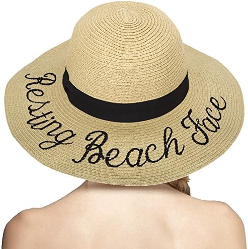 LONSANT Women's Paper Weaved Crushable Beach Embroidered Quote Adjustable Floppy Brim Sun Hat (Resting Beach Face)