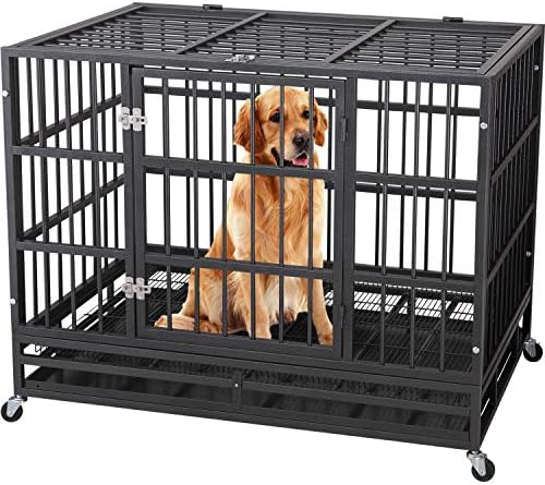 ITORI Heavy Duty Metal Dog Cage Kennel Crate and Playpen for Training Large Dog and Pet Indoor and Outdoor with Double Doors & Locks,Removable Wheels and Tray (36” 42” 48”)