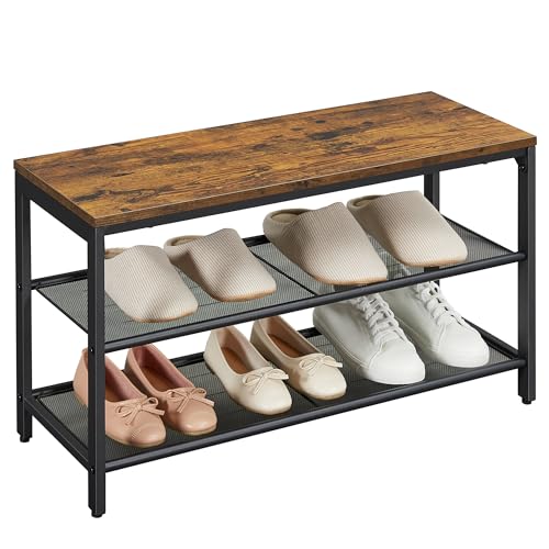 VASAGLE Shoe Bench, 80 x 30 x 44.5 cm, 2 Tier Mesh Shoe Cabinet, Shoe Storage, Hallway, Metal, Industrial Style, Rustic Brown and Black LBS74X