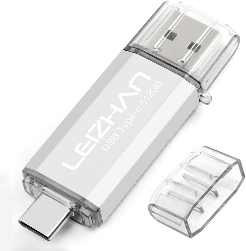 leizhan 512GB USB 3.0 Flash Drive Thumb Drives Jump Drive USB Memory Stick Type-C/USB-A 2 in 1 - Silver, 512 GB