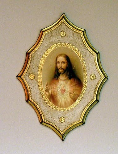 Sacred Heart of Jesus Florentine plaque with white and gold trim, 7.5" x 10".