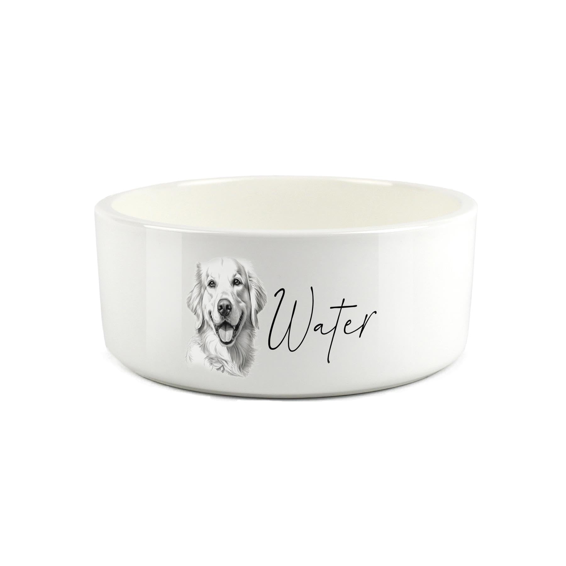 Golden Retriever Pet Bowl - Black & White Portrait Large Ceramic Water Bowl - White Water Dish For Dogs