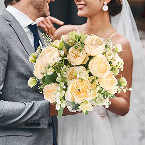 4 Bundles Peonies Silk Flowers, Artificial Peonies for Home Decoration and Wedding Bride Bouquet, Fake Peony Flowers Bulk as Crafts DIY Fake Plants Without Vase (Champagne)