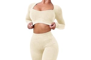 ABOCIW Workout Sets for Women Seamless Ribbed Sweetheart Neck Long Sleeve Crop Top Scrunch Butt High Wasit Legging Sets