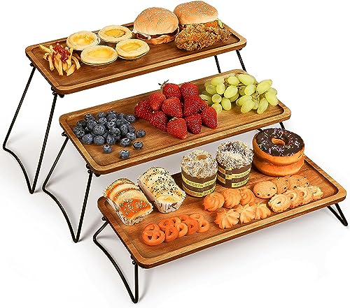 Hcosmy Eco-Friendly Food Platter Serving Tray - 3-Tier Cupcake Stand - Acacia Wooden Towers Dessert Table Display Set, Appetizers, Snack, Desserts, Cake Serving Tray for Family Parties, Gatherings