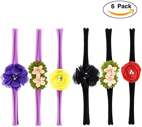 Ranpower 6 Pcs Baby Girl Headbands Cute Soft Elastic Nylon Hair Band Rubber Band with Hand Sewing Beads Flower Great Gift for Newborn Toddlers (Purple and Black)