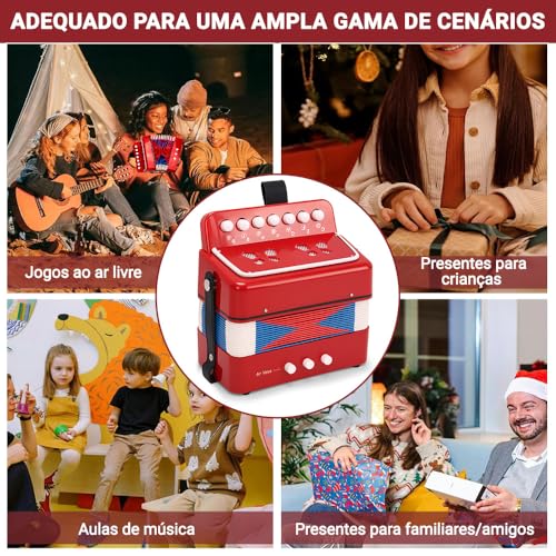 Acordeão para Iniciantes com 7 Teclas e 2 Botões, Acordeão Vermelho Compacto, Instrumento Musical Leve para Estudo e Prática
