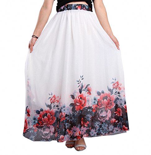 Afibi Women's Floral Chiffon Maxi Skirt - High Waisted Long Beach Skirt For Summer (White, 3X-Large)