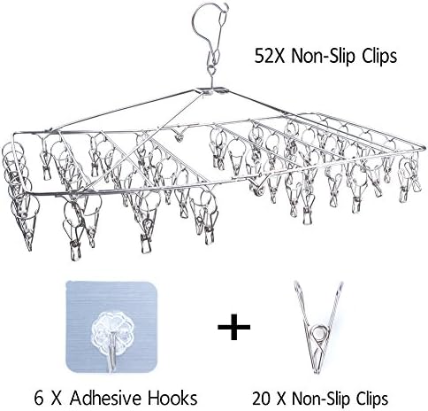Multifunc Drying Rack Set, 52 Clips Stainless Steel Clothes Drying Rack Folding Metal Hanger Collapsible Save Space Laundry Organize Closets Includes 20 Spare Clothespins and 6 Adhesive Hooks