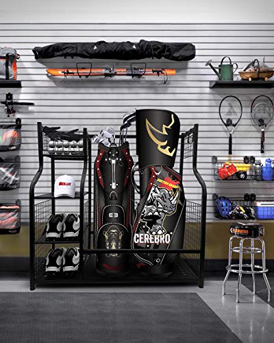 images Golf Bag Shelf mythinglogic golf storage garage organizer 2 golf bag storage stand and other golfing equipment rack 4 removable hooks extra large design for golf