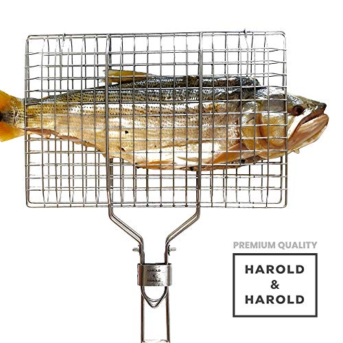 Harold & Harold BBQ Portable Grilling Basket Folding with Magnetic Grill Light and Removable Handle for Fish, Vegetables, Steak, Shrimp or Kabobs. Outdoor Grill Basket with Barbecue Grill Light