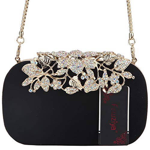 Fawziya Flower Purse With Rhinestones Velvet Clutch Evening Bags-Black - Thumbnail 5
