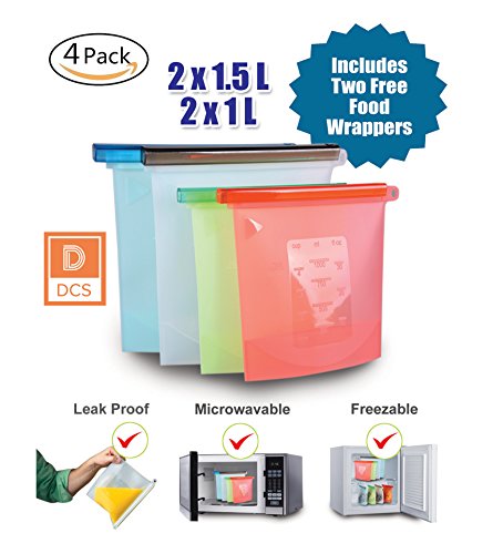 Reusable Silicone Food Storage Bag by DCS | 2x50OZ(1.5L) and 2x34OZ(1L) Bags + 2 FREE Food Wraps | FDA & SGS Approved | Microwave & Dishwasher Safe | Airtight & Leak proof - Thumbnail 6