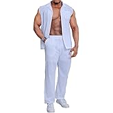 Epoleatries Mens Linen Sets 2 Piece Outfits Sleeveless Shirt and Pants Set Vacation Outfit for Men Summer Beach Suits