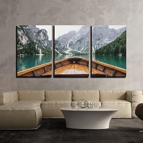 3 Piece Canvas Wall Art - Boat Cruising a Mountain Lake - Modern Home Art Stretched and Framed Ready to Hang - 24"x36"x3 Panels