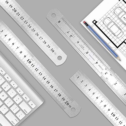 Stainless Steel Ruler, 3 Pcs Double-Scale Metal Ruler with Storage Bag, 6 Inch/15cm, 8 Inch/20cm and 12 Inch/30cm Metric Ruler for School, Office, Architect, Engineers, Craft (Silver) - Thumbnail 5